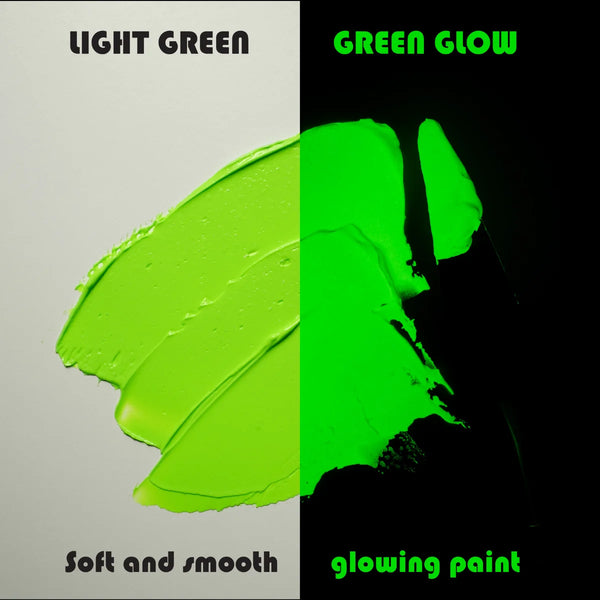 Side-by-side swatch of Light Green in daylight and vibrant Green glow under blacklight—engineered for best-in-class coverage and up to 8-hour durable luminescence