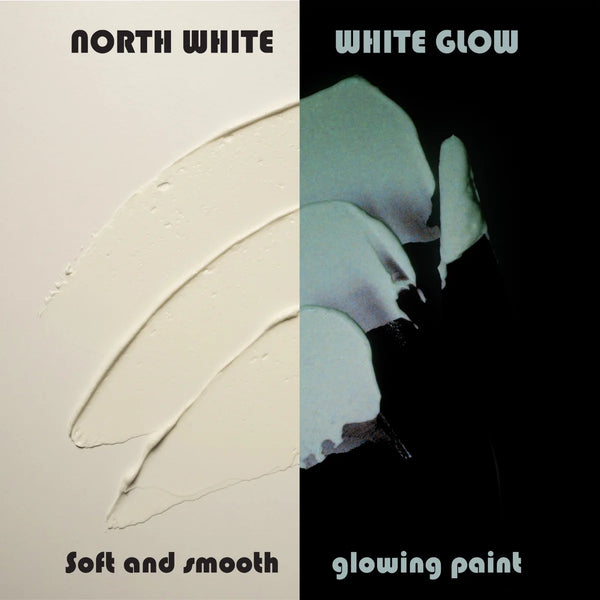 Side-by-side swatch of clear white in daylight and soft white glow under blacklight—best-in-class coverage and up to 8-hour long-lasting luminescence for fabric, canvas, and safety markings