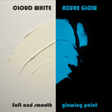 Side-by-side swatch of clear white in daylight and deep azure glow under blacklight—showcases best-in-class coverage and up to 8-hour long-lasting luminescence