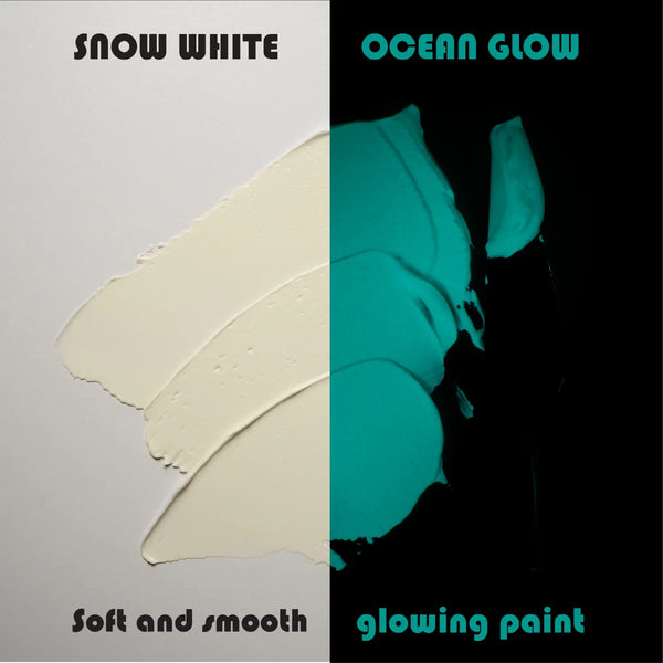 Blacklight swatch of White to Blue glow in the dark acrylic paint showing crisp white in daylight and deep ocean-blue glow at night—engineered for best-in-class coverage and up to 8-hour luminescence