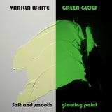 Side-by-side swatch of clear white in daylight and vibrant green glow at night—showcases best-in-class coverage and extended 8-hour luminescence for fabric, rocks, and home décor