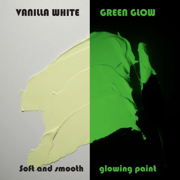 Side-by-side swatch of clear white in daylight and vibrant green glow at night—showcases best-in-class coverage and extended 8-hour luminescence for fabric, rocks, and home décor