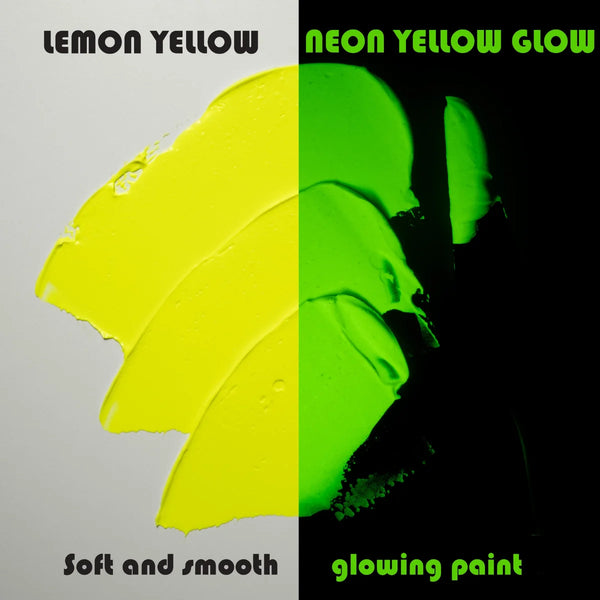 Side-by-side swatch of lemon yellow in daylight and neon yellow glow under blacklight—showcases best-in-class coverage and up to 8-hour long-lasting luminescenceSide-by-side swatch of lemon yellow in daylight and neon yellow glow under blacklight—showcases best-in-class coverage and up to 8-hour long-lasting luminescence
