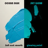 Side-by-side swatch of deep ocean blue in daylight and soothing sky-blue glow in the dark under blacklight—engineered for maximum glow intensity and up to 8-hour long-lasting performance