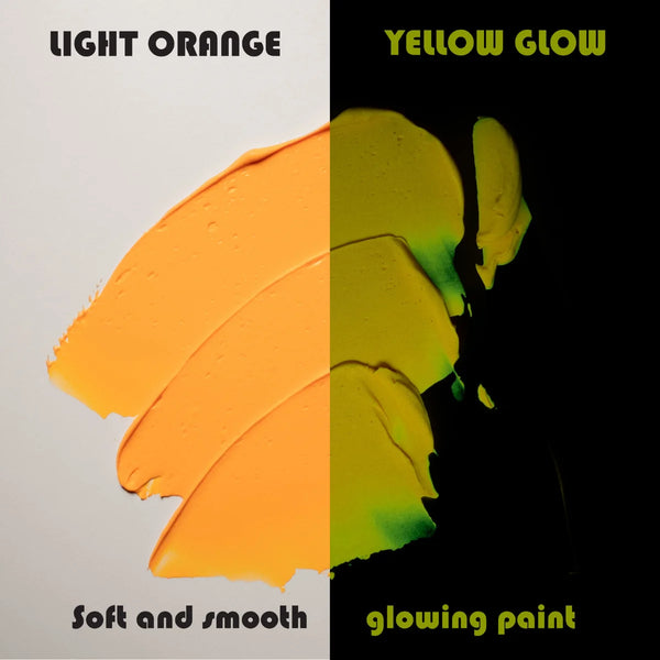 Side-by-side swatch of bright orange in daylight and warm tangerine glow under blacklight—engineered for best-in-class coverage and up to 8-hour long-lasting neon luminescence.