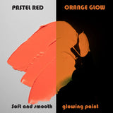 Side-by-side swatch of Pastel Red in daylight and warm neon orange under blacklight—demonstrates best-in-class coverage and up to 8-hour long-lasting glowin the dark acrylic paint for party décor and garden accents