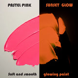 Side-by-side swatch of Pastel Pink in daylight and warm Orange glow under blacklight—engineered for best-in-class coverage and up to 8-hour long-lasting neon luminescence on wood, metal, halloween pumpkins and rocks.