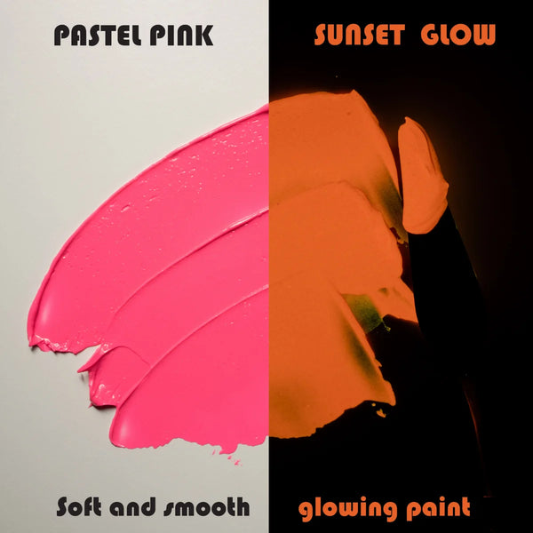 Side-by-side swatch of Pastel Pink in daylight and warm Orange glow under blacklight—engineered for best-in-class coverage and up to 8-hour long-lasting neon luminescence on wood, metal, halloween pumpkins and rocks.