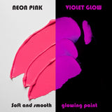 Side-by-side swatch of soft pink in daylight and vivid violet glow under blacklight—engineered for best-in-class coverage and up to 8-hour long-lasting luminescence for party décor and safety marking