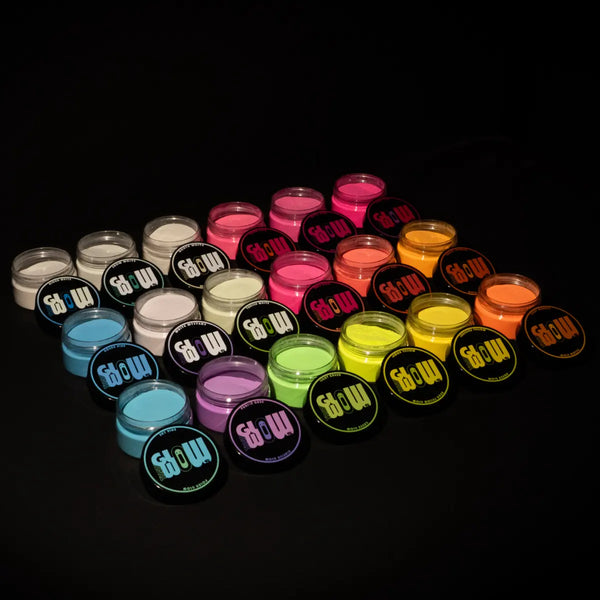 Vibrant 18-shade glow in the dark pigment powders—neon yellow, lime green, electric blue, hot pink, ultraviolet purple, and more—engineered for brightest performance in resin, clay, and nail art