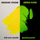 Side-by-side swatch of yellow in daylight and neon yellow glow under blacklight—best-in-class coverage and up to 8-hour long-lasting luminescence for fabric, canvas, and safety markings