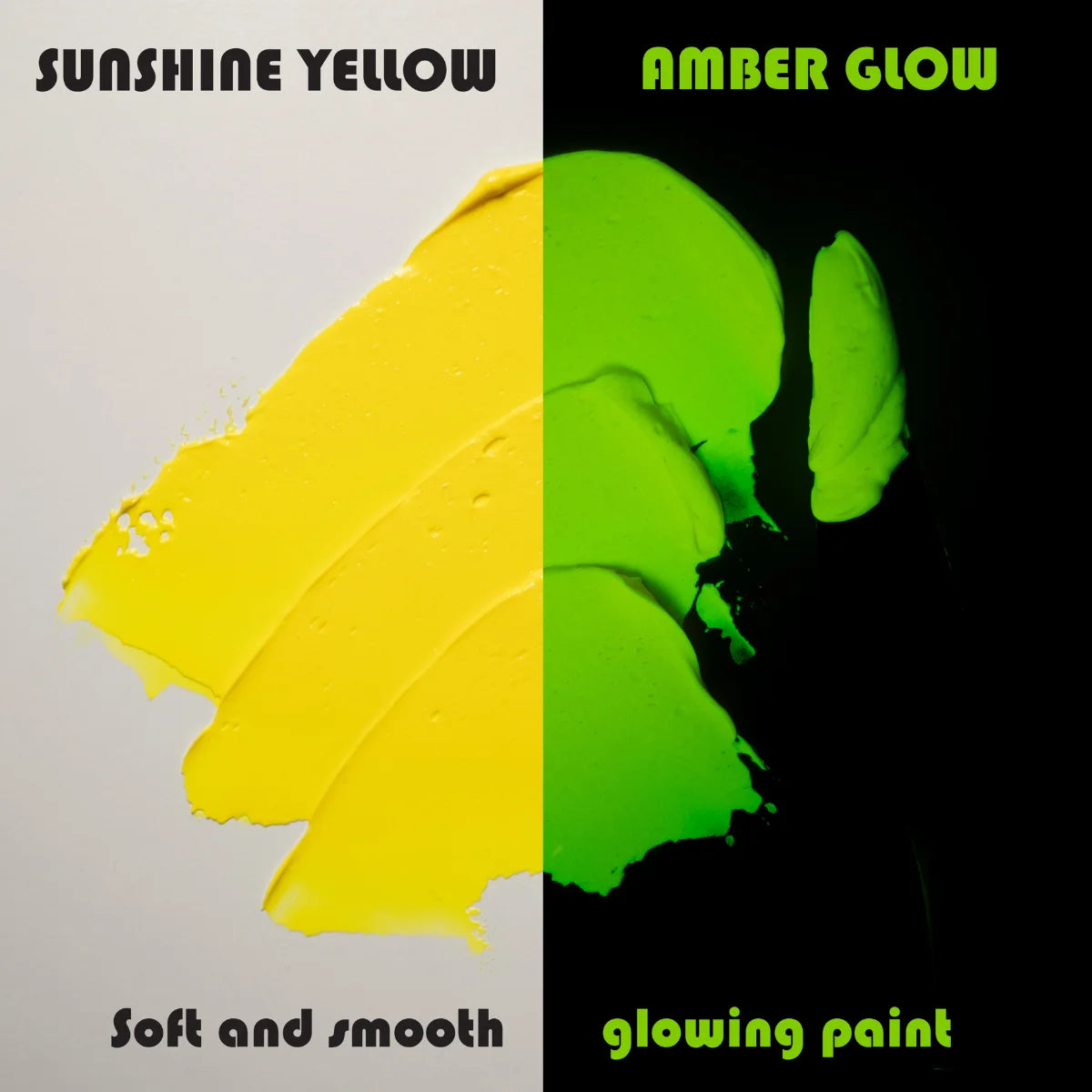 Side-by-side swatch of yellow in daylight and neon yellow glow under blacklight—best-in-class coverage and up to 8-hour long-lasting luminescence for fabric, canvas, and safety markings