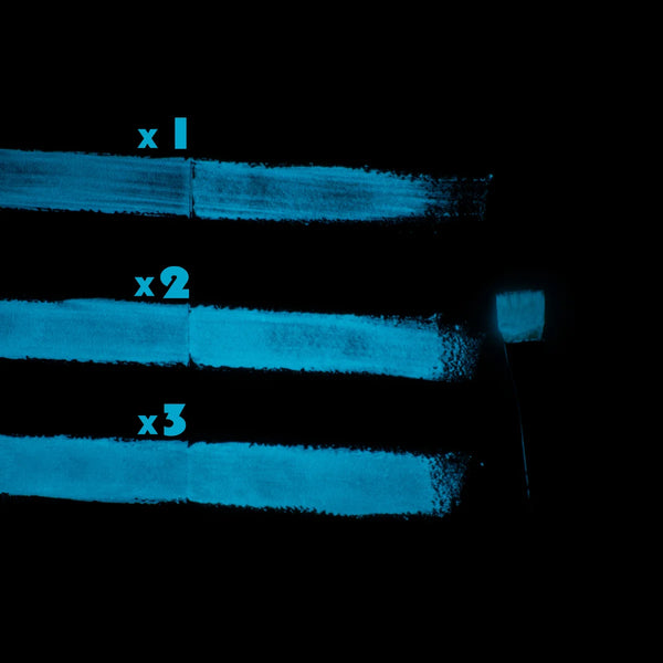Nighttime glow demonstration of clear-white to azure paint layers—neon UV-reactive formula delivering vivid, long-lasting blue-azure luminescence for DIY crafts and professional installations