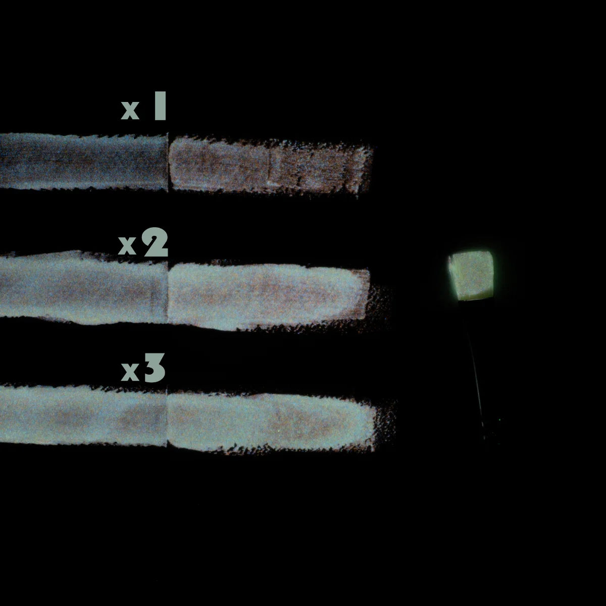 Nighttime glow demonstration of clear-white to white acrylic paint layers—neon UV-reactive formula delivering vibrant, long-lasting white luminescence for DIY crafts and professional installations