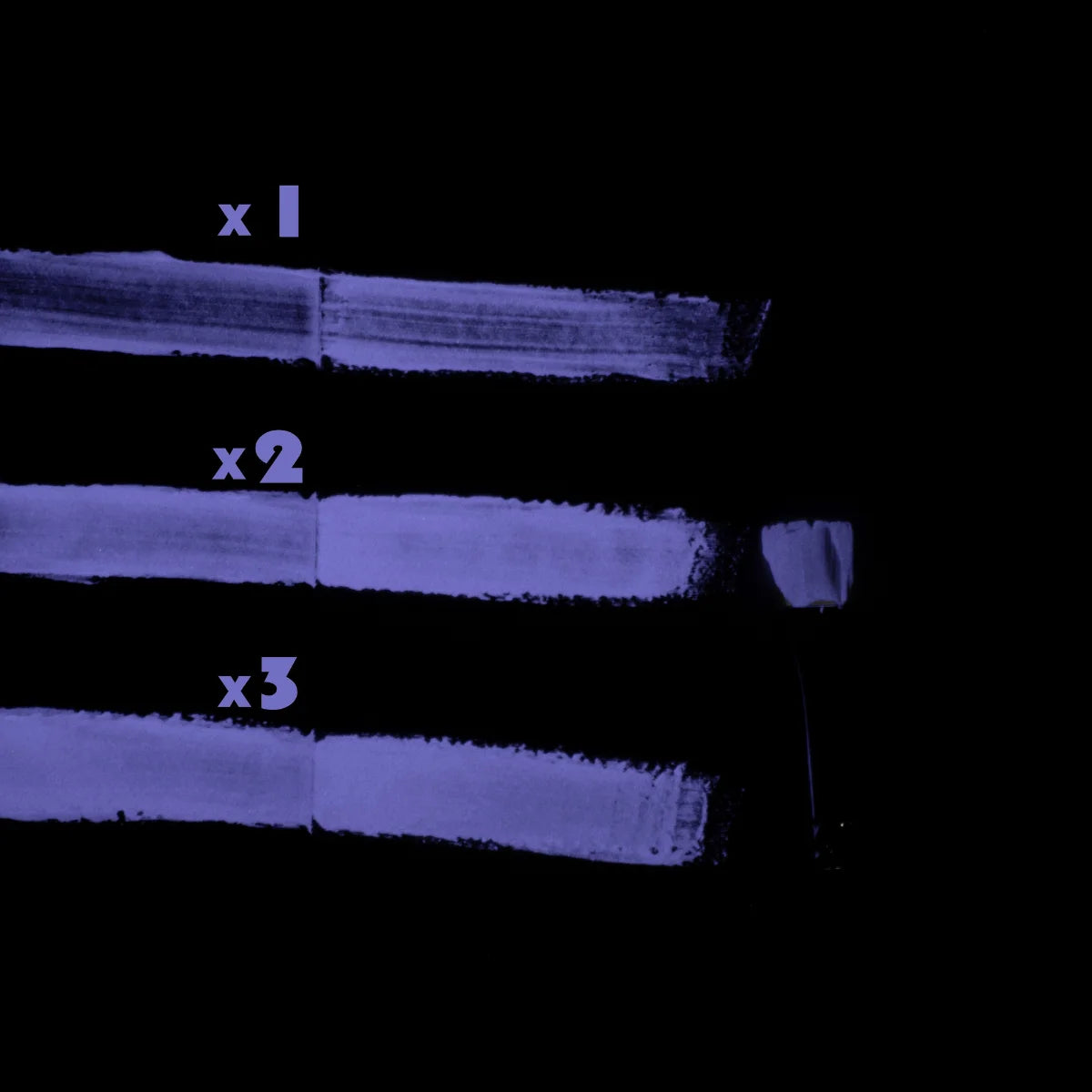 Neon UV-reactive clear-white-to-purple paint layers glowing deep violet in darkness—optimized for intense glow-to-color ratio and weatherproof performance in outdoor décor and event signage