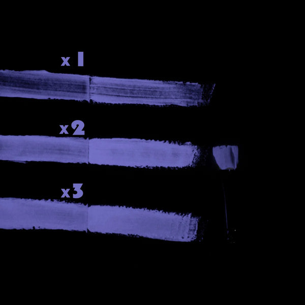 Neon UV-reactive clear-white-to-purple paint layers glowing deep violet in darkness—optimized for intense glow-to-color ratio and weatherproof performance in outdoor décor and event signage