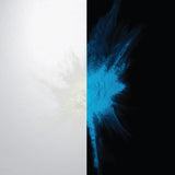 Glow-in-the-dark Clear White to Blue pigment powder bursting in a fine neon spray—engineered for ultra-bright, extended ocean-blue luminescence in party décor, safety markings, and DIY crafts