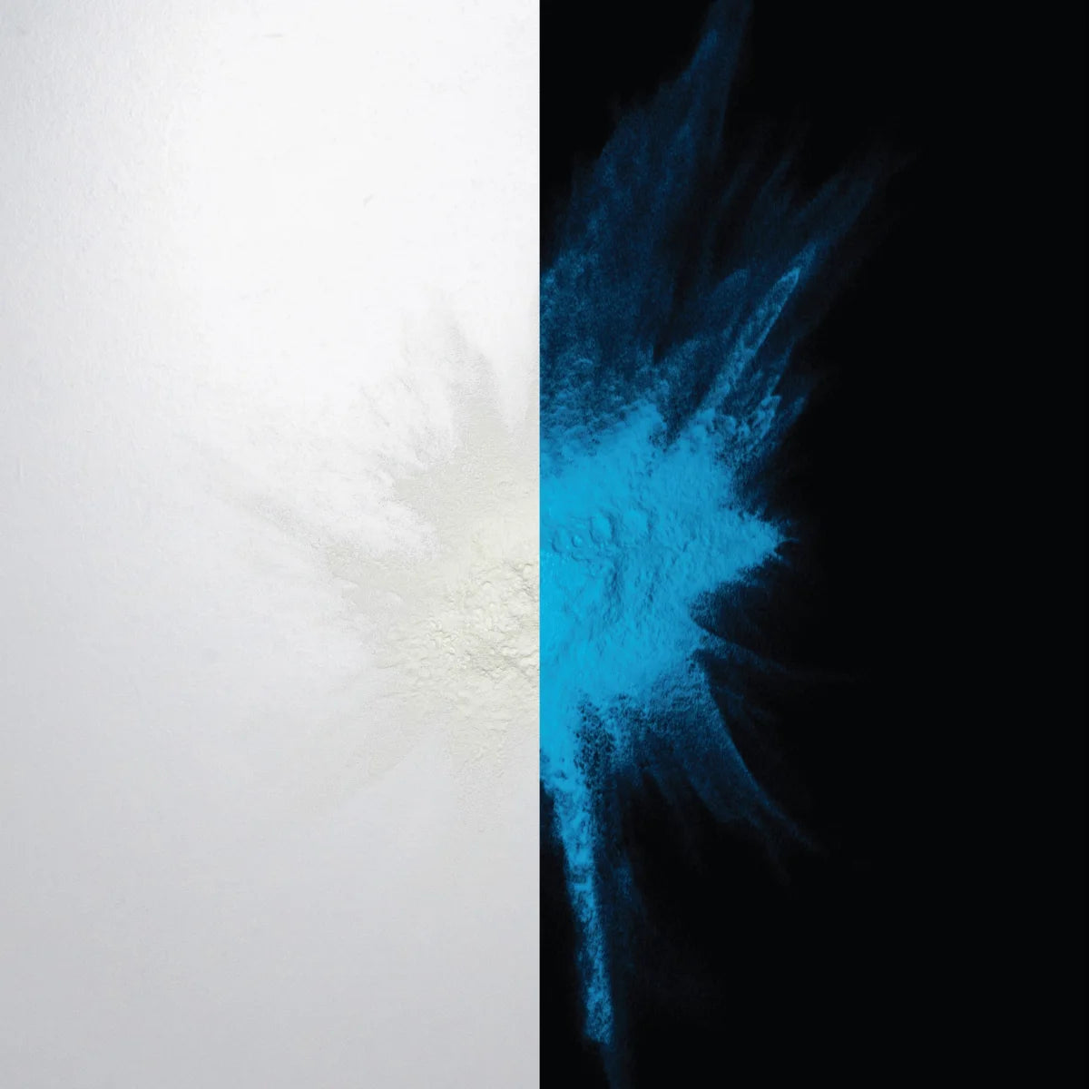 Glow-in-the-dark Clear White to Blue pigment powder bursting in a fine neon spray—engineered for ultra-bright, extended ocean-blue luminescence in party décor, safety markings, and DIY crafts