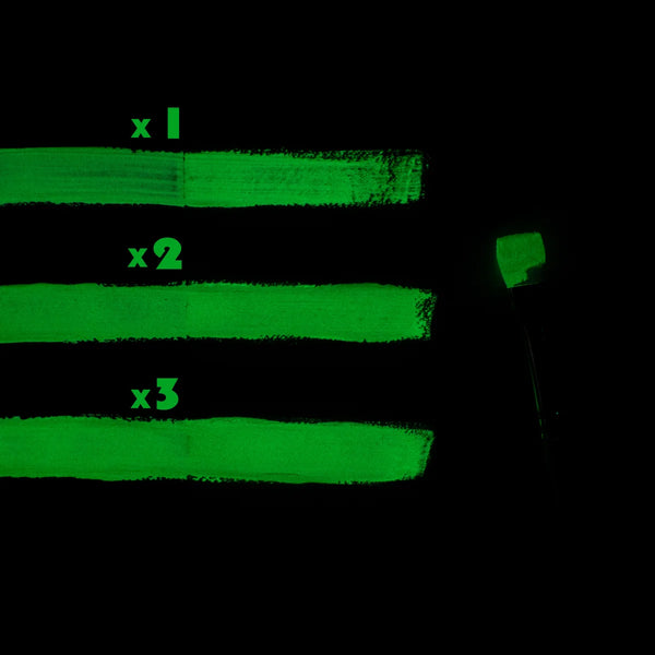 Nighttime glow in the dark paint demonstration of Light Green to Green paint layers—neon UV-reactive formula optimized for intense, long-lasting green luminescence in DIY crafts and professional installations.