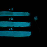 Nighttime UV glow in the dark demonstration of Ocean Blue to Blue acrylic paint layers—neon, phosphorescent formula optimized for intense, long-lasting sky-blue glow on metal, clay, and rock.