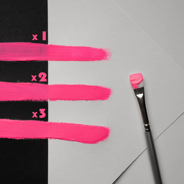 Daylight demo of Pink to Violet glow paint applied in one, two, and three thin coats—premium strontium aluminate ensures smooth finish, maximum opacity, and durable neon color for DIY crafts and home décor.
