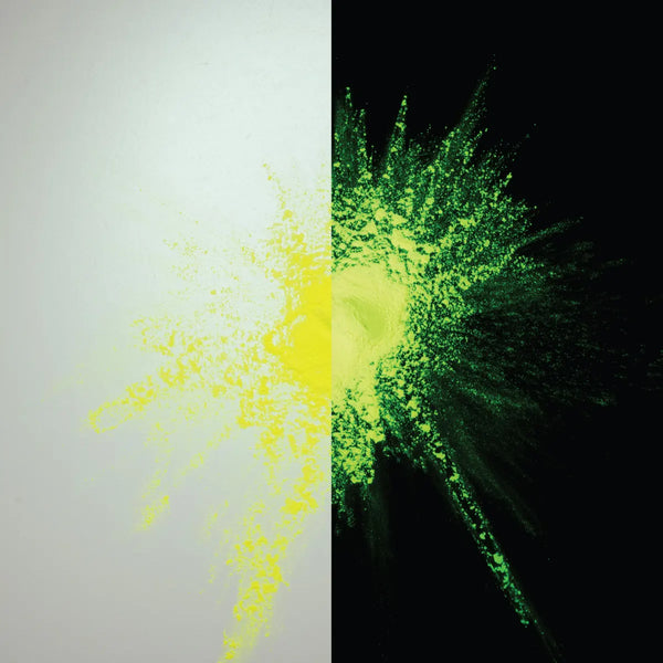 Glow-in-the-dark Yellow to Amber pigment powder jar with split day/night demo—perfect for DIY crafts, safety markings, and professional installations requiring reliable after-dark brightness