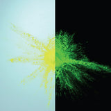 Glow-in-the-dark Lemon to Neon Yellow pigment powder jar alongside a split day/night sample—industrial-grade formula for maximum glow intensity on canvas, fabric, and metal.