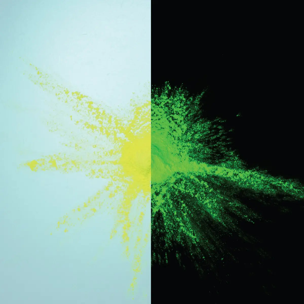 Glow-in-the-dark Lemon to Neon Yellow pigment powder jar alongside a split day/night sample—industrial-grade formula for maximum glow intensity on canvas, fabric, and metal.