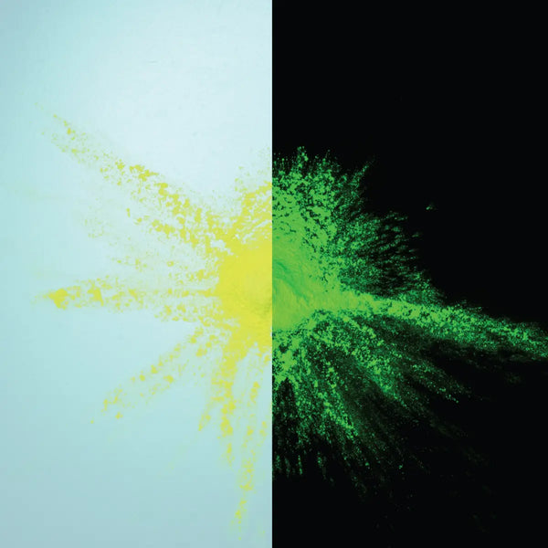 Glow-in-the-dark Lemon to Neon Yellow pigment powder jar alongside a split day/night sample—industrial-grade formula for maximum glow intensity on canvas, fabric, and metal.