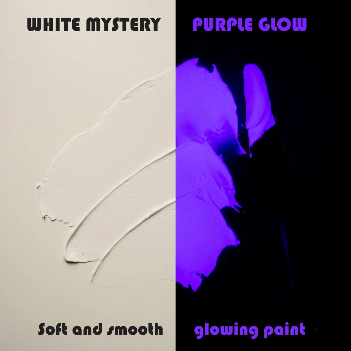 Side-by-side swatch of clear white in daylight and rich purple glow in the dark under blacklight—engineered for best-in-class coverage and up to 8-hour long-lasting luminescence on wood, rocks, and safety signage.