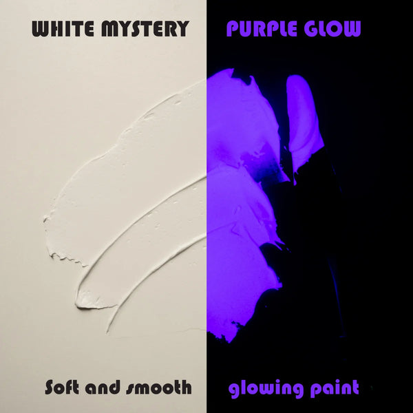 Side-by-side swatch of clear white in daylight and rich purple glow in the dark under blacklight—engineered for best-in-class coverage and up to 8-hour long-lasting luminescence on wood, rocks, and safety signage.