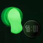 Premium clear white-to-green glow-in-the-dark acrylic paint jar—industrial-grade strontium aluminate formula for brightest, long-lasting green luminescence on canvas, metal, and wood.