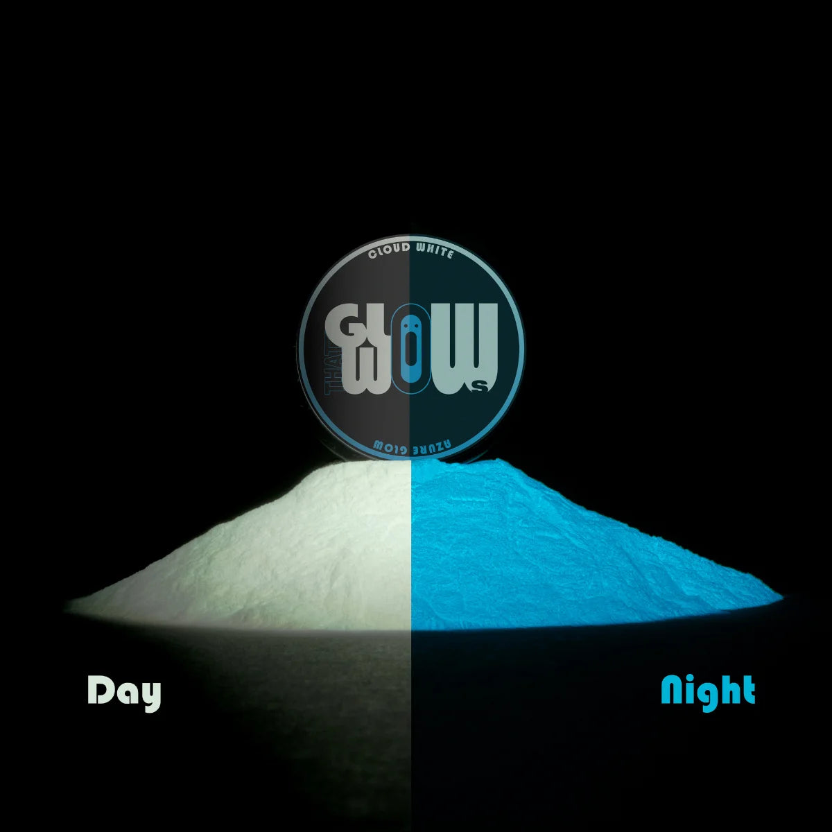 Phosphorescent Clear White to Blue pigment powder showing pure white by day and vivid ocean-blue glow at night—perfect for UV-charged, long-lasting luminescence in resin, clay, and glow art.