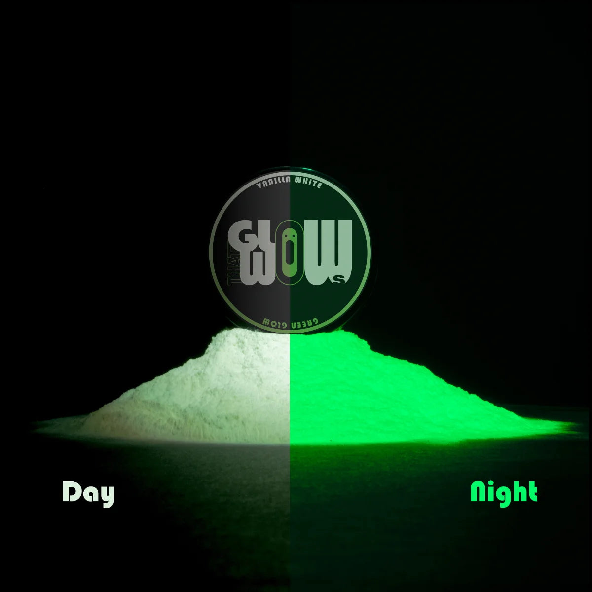 Phosphorescent Clear White to Green pigment powder showing pure white by day and vibrant emerald-green glow at night—perfect for glow-in-the-dark resin art, polymer clay, fabrics, and outdoor mural projects