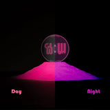 Phosphorescent Neon Pink to Violet pigment powder showing bright pink by day and vivid violet glow at night—engineered for ultra-bright, long-lasting luminescence in resin art, clay, and glow-in-the-dark murals