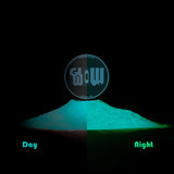 Phosphorescent Ocean Blue to Sky pigment powder showing deep ocean-blue by day and soft sky-blue glow at night—ideal for resin, clay, and glow-in-the-dark mural applications
