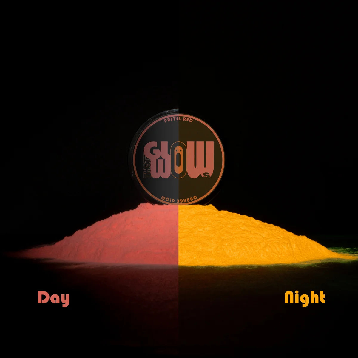 Phosphorescent Red to Orange pigment powder showing soft red by day and blazing orange glow at night—engineered for ultra-bright, long-lasting luminescence in resin art, clay models, and glow-in-the-dark murals