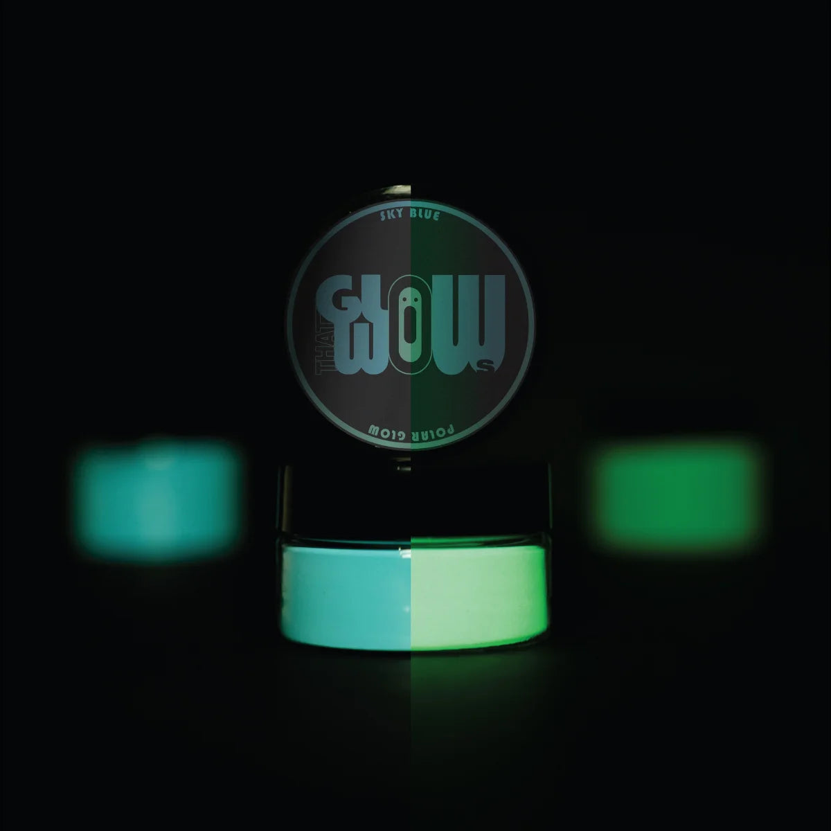 Jar of phosphorescent strontium aluminate glow-in-the-dark Sky Blue pigment powder—eco-friendly, non-toxic formula engineered for long-lasting brightness on fabric, wood, and canvas.