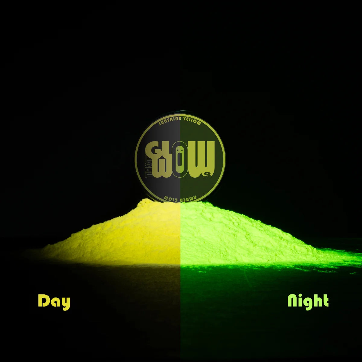 Phosphorescent Yellow to Amber pigment powder—charges quickly and glows warm amber in the dark, ideal for resin, clay, nail art, and glow-in-the-dark murals
