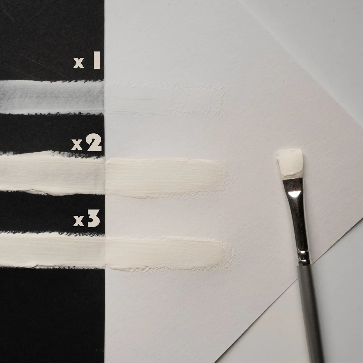 Brush-stroke demo of clear-white to white glow paint in one, two, and three thin coats—engineered with premium strontium aluminate for maximum opacity, smooth finish, and durable glow