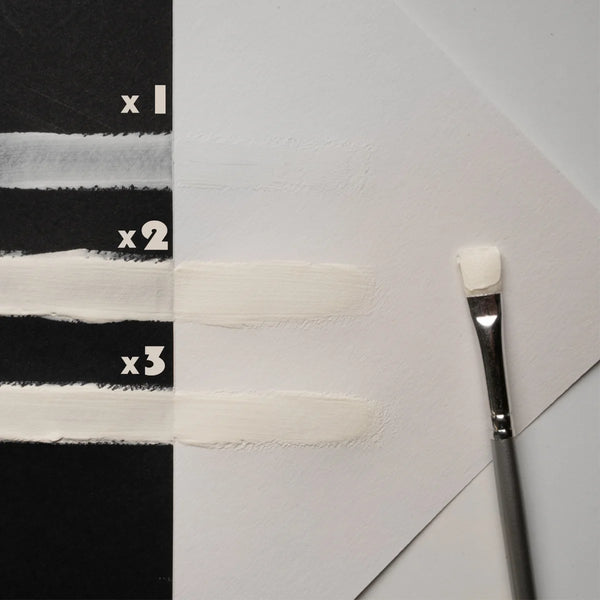 Brush-stroke demo of clear-white to white glow paint in one, two, and three thin coats—engineered with premium strontium aluminate for maximum opacity, smooth finish, and durable glow