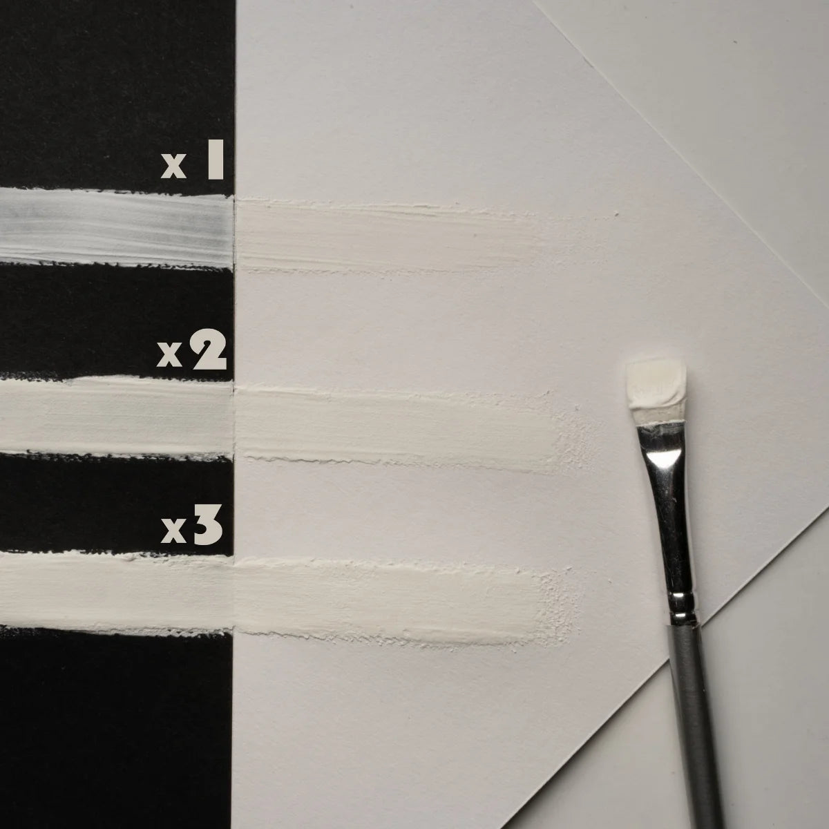 Brush-stroke demo of clear-white to azure glow paint in one, two, and three coats—engineered with premium strontium aluminate for maximum opacity and glow intensity