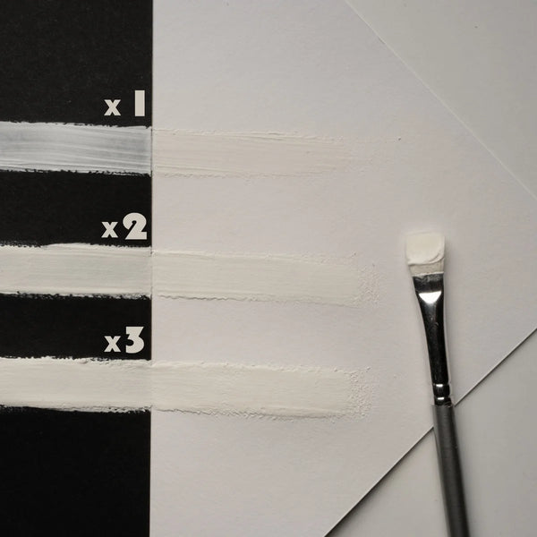 Brush-stroke demo of clear-white to azure glow paint in one, two, and three coats—engineered with premium strontium aluminate for maximum opacity and glow intensity