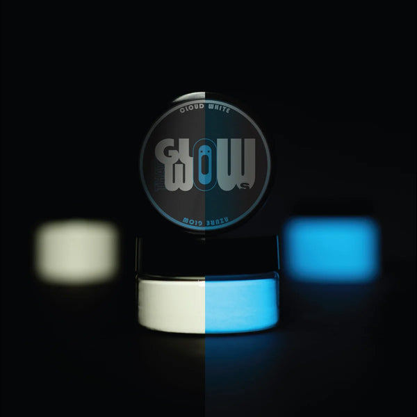 Jar of strontium aluminate Clear White to Blue pigment powder—industrial-grade, non-toxic formula delivering the brightest, durable blue afterglow on canvas, fabric, and outdoor murals