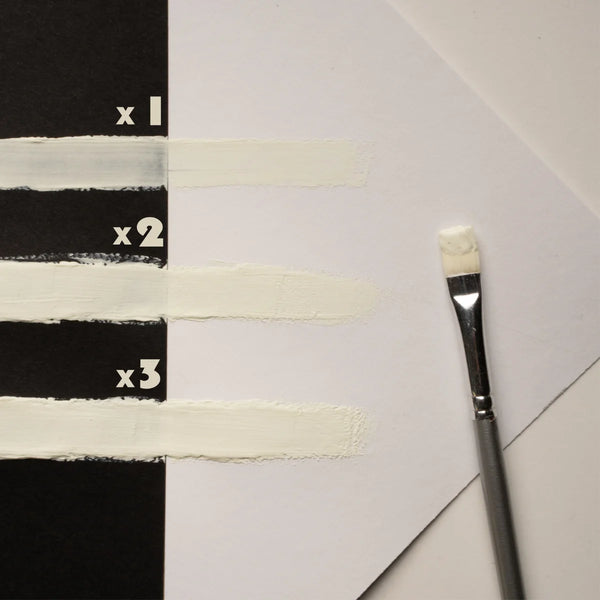 Brush strokes of clear white-to-green glow in the dark strontium aluminate paint applied in one, two, and three coats—engineered for smooth finish, maximum opacity, and strongest glow-to-color ratio