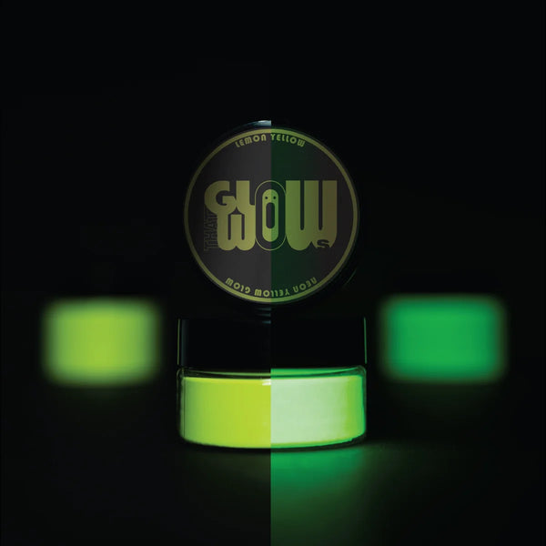Strontium aluminate Lemon to Neon Yellow pigment powder bursting in a fine cloud—engineered for ultra-bright, long-lasting luminescence in DIY crafts and professional installations