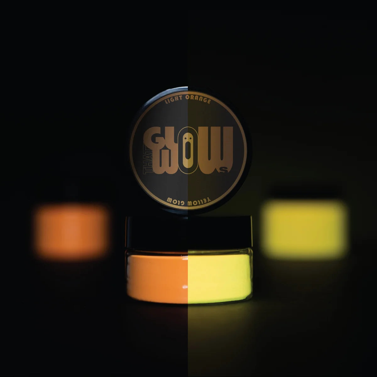 Jar of strontium aluminate Light Orange to Yellow pigment powder—premium, non-toxic formula delivering reliable daytime color and intense neon yellow luminescence for clay, fabric, halloween pumpkin and outdoor art.