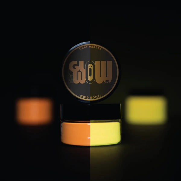 Jar of strontium aluminate Light Orange to Yellow pigment powder—premium, non-toxic formula delivering reliable daytime color and intense neon yellow luminescence for clay, fabric, halloween pumpkin and outdoor art.