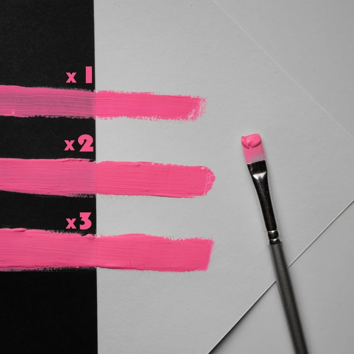 Daylight demo of Rose Pink glow paint applied in one, two, and three thin coats—premium strontium aluminate ensures smooth, opaque coverage and vibrant pink performance