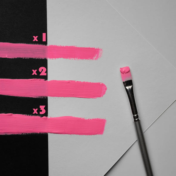 Daylight demo of Rose Pink glow paint applied in one, two, and three thin coats—premium strontium aluminate ensures smooth, opaque coverage and vibrant pink performance